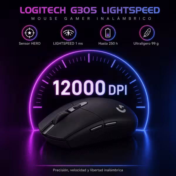 Ratón Mouse Gaming LOGITECH G305 Inalámbrico Negro 12000 DPI, vista 3