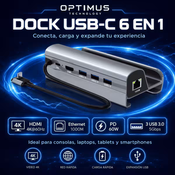 Docking Station HC-86E para Steam Deck | HDMI 4K Ultra HD | 3 Puertos USB 3.0 | Carga Rápida PD 60W | Ethernet Gigabit 1000 Mbps | Aluminio | OPTIMUS™, vista 2