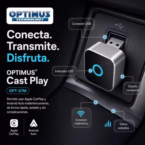 OPTIMUS CAST | Adaptador Inalámbrico CarPlay y Android Auto | Plug & Play USB | WiFi Dual Band + Bluetooth 5.2 | Actualizaciones OTA | Compatibilidad Universal, vista 6