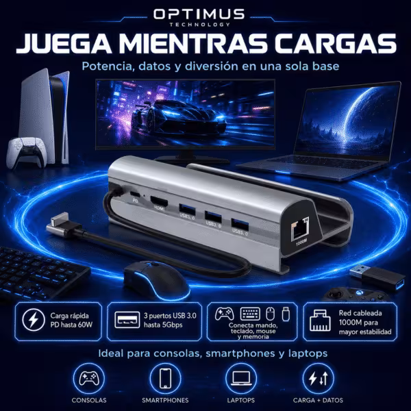Docking Station HC-86E para Steam Deck | HDMI 4K Ultra HD | 3 Puertos USB 3.0 | Carga Rápida PD 60W | Ethernet Gigabit 1000 Mbps | Aluminio | OPTIMUS™, vista 3