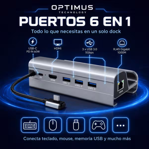 Docking Station HC-86E para Steam Deck | HDMI 4K Ultra HD | 3 Puertos USB 3.0 | Carga Rápida PD 60W | Ethernet Gigabit 1000 Mbps | Aluminio | OPTIMUS™, vista 4