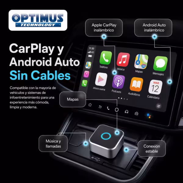 OPTIMUS CAST | Adaptador Inalámbrico CarPlay y Android Auto | Plug & Play USB | WiFi Dual Band + Bluetooth 5.2 | Actualizaciones OTA | Compatibilidad Universal, vista 4