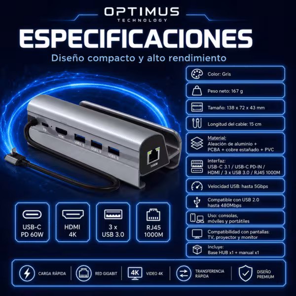 Docking Station HC-86E para Steam Deck | HDMI 4K Ultra HD | 3 Puertos USB 3.0 | Carga Rápida PD 60W | Ethernet Gigabit 1000 Mbps | Aluminio | OPTIMUS™, vista 5