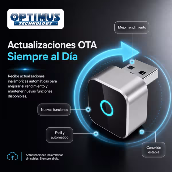 OPTIMUS CAST | Adaptador Inalámbrico CarPlay y Android Auto | Plug & Play USB | WiFi Dual Band + Bluetooth 5.2 | Actualizaciones OTA | Compatibilidad Universal, vista 3