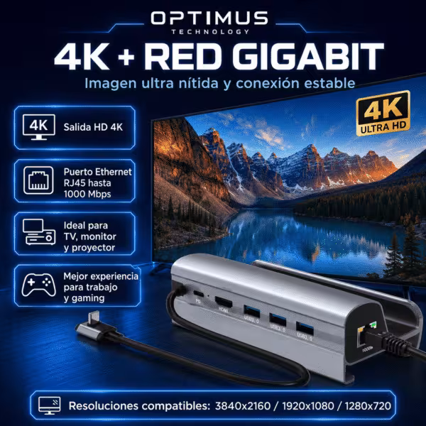 Docking Station HC-86E para Steam Deck | HDMI 4K Ultra HD | 3 Puertos USB 3.0 | Carga Rápida PD 60W | Ethernet Gigabit 1000 Mbps | Aluminio | OPTIMUS™, vista 6