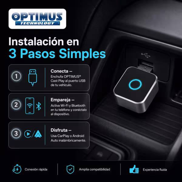 OPTIMUS CAST | Adaptador Inalámbrico CarPlay y Android Auto | Plug & Play USB | WiFi Dual Band + Bluetooth 5.2 | Actualizaciones OTA | Compatibilidad Universal, vista 2