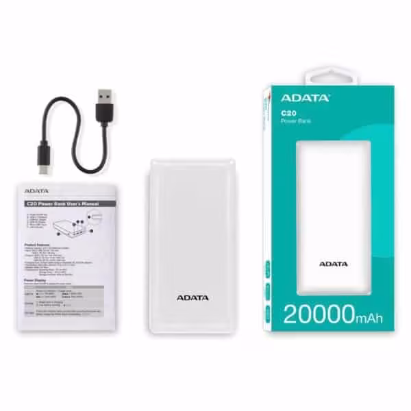 Cargador Portátil ADATA C20 20000mAh Blanco | Power Bank con USB-C PD y Dual USB-A