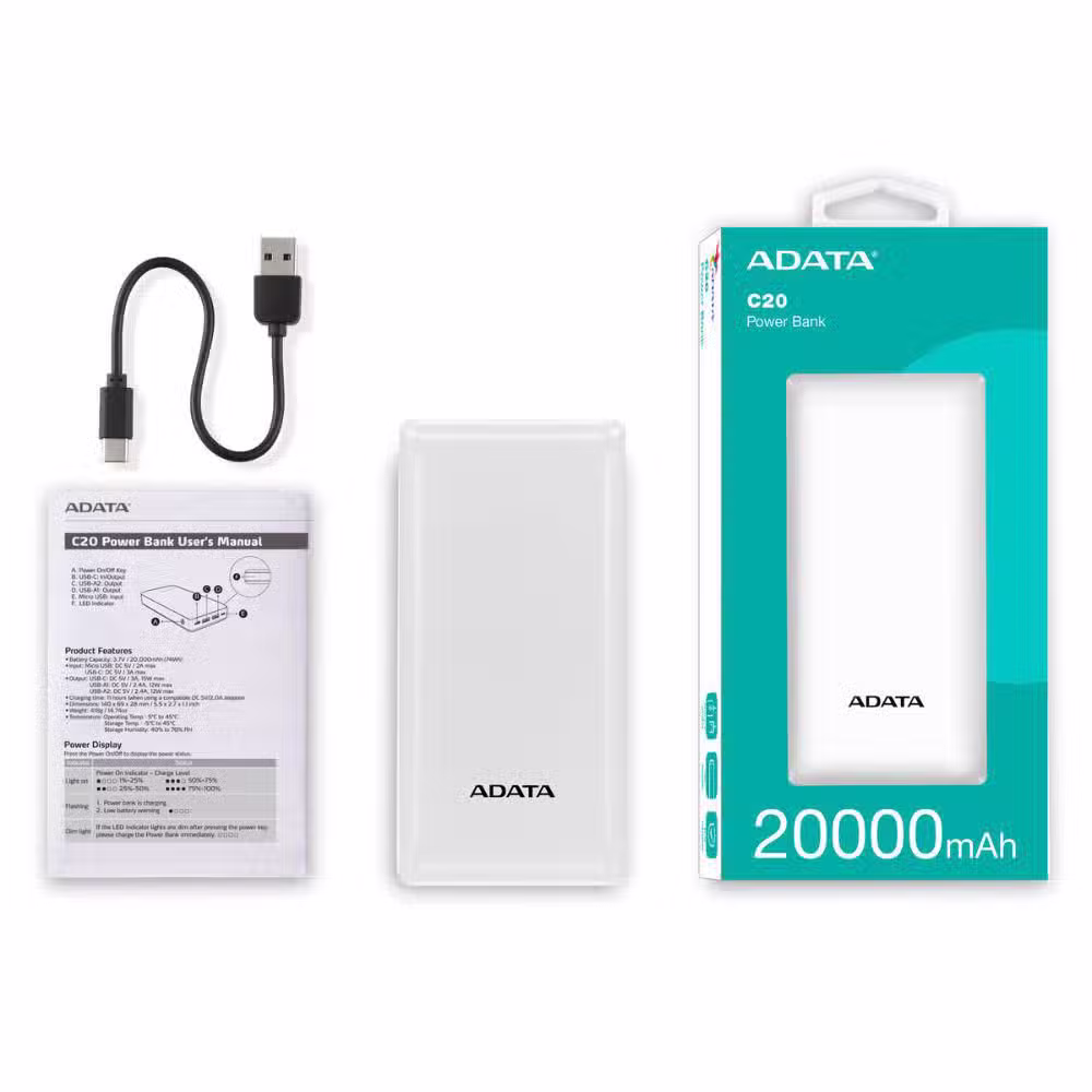 Cargador Portátil ADATA C20 20000mAh Blanco | Power Bank con USB-C PD y Dual USB-A