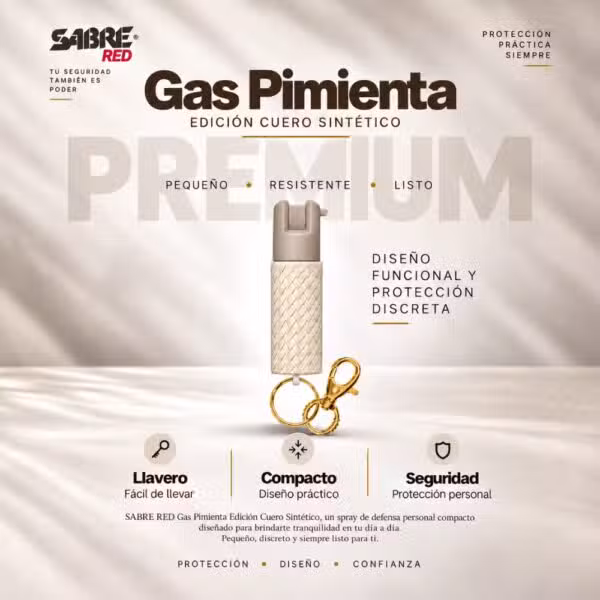 Gas pimienta SABRE RED con anilla tipo llavero y funda beige