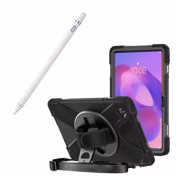 Kit completo Lenovo Tab K11 con estuche Anti-Shock 360° y lápiz óptico Blanco, sobre fondo blanco.