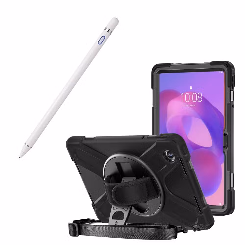 Kit completo Lenovo Tab K11 con estuche Anti-Shock 360° y lápiz óptico Blanco, sobre fondo blanco.