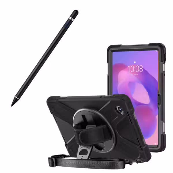 Kit completo Lenovo Tab K11 con estuche Anti-Shock 360° y lápiz óptico Negro, sobre fondo blanco.