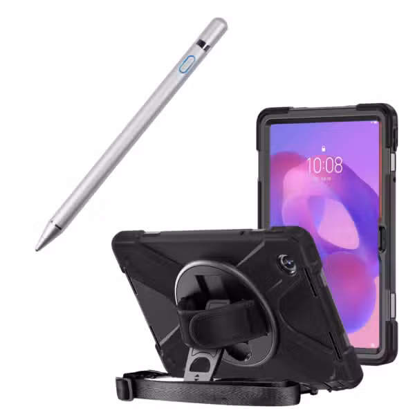 Kit completo Lenovo Tab K11 con estuche Anti-Shock 360° y lápiz óptico Gris, sobre fondo blanco.