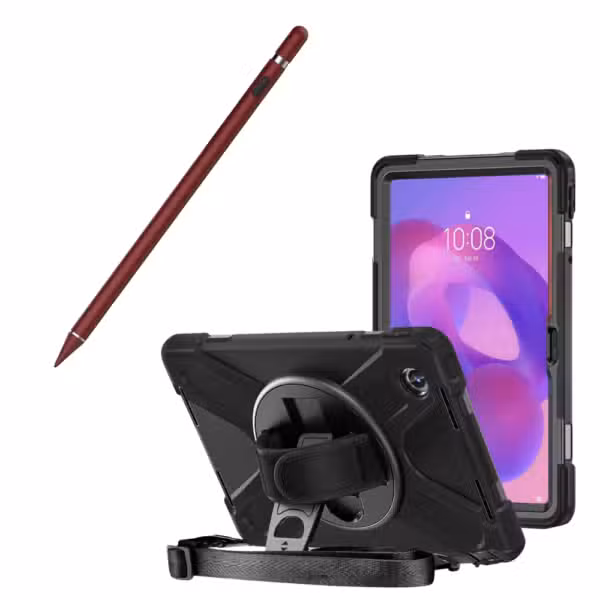 Kit completo Lenovo Tab K11 con estuche Anti-Shock 360° y lápiz óptico Rojo, sobre fondo blanco.