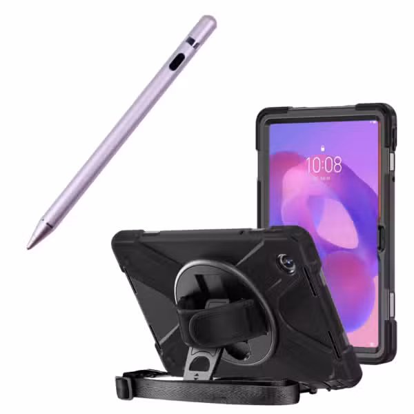 Kit completo Lenovo Tab K11 con estuche Anti-Shock 360° y lápiz óptico Rose Gold, sobre fondo blanco.
