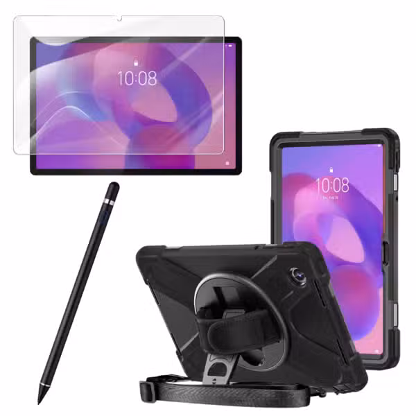 Kit completo Lenovo Tab K11 con estuche Anti-Shock 360°, vidrio 9H y lápiz óptico Negro, sobre fondo blanco.