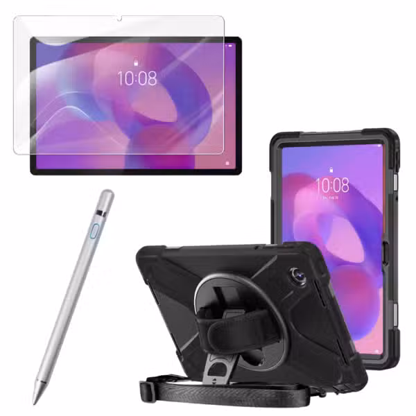 Kit completo Lenovo Tab K11 con estuche Anti-Shock 360°, vidrio 9H y lápiz óptico Gris, sobre fondo blanco.