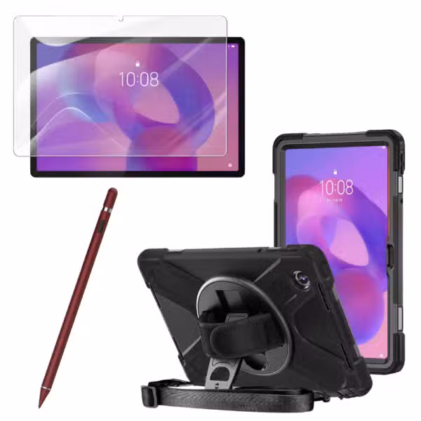 Kit completo Lenovo Tab K11 con estuche Anti-Shock 360°, vidrio 9H y lápiz óptico Rojo, sobre fondo blanco.