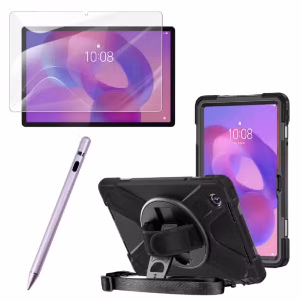 Kit completo Lenovo Tab K11 con estuche Anti-Shock 360°, vidrio 9H y lápiz óptico Rose Gold, sobre fondo blanco.