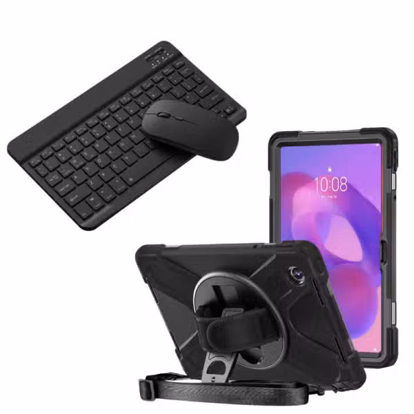 Kit completo Lenovo Tab K11 con estuche Anti-Shock 360° y teclado Bluetooth con mouse color Negro, sobre fondo blanco.