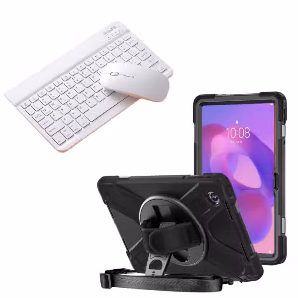 Kit completo Lenovo Tab K11 con estuche Anti-Shock 360° y teclado Bluetooth con mouse color Blanco, sobre fondo blanco.