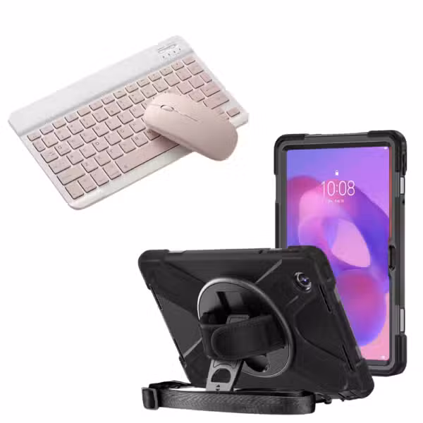Kit completo Lenovo Tab K11 con estuche Anti-Shock 360° y teclado Bluetooth con mouse color Rosa, sobre fondo blanco.