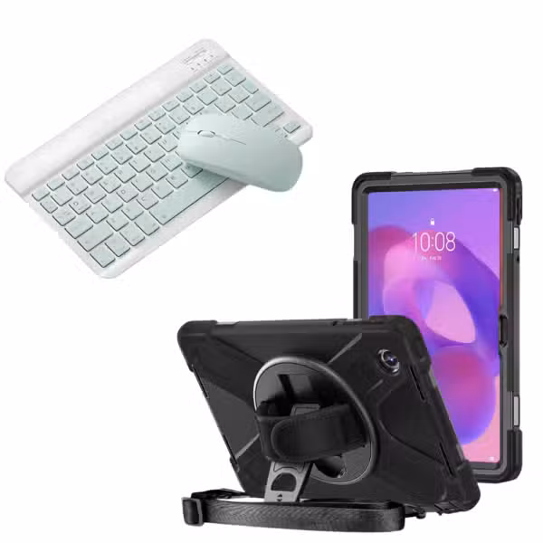 Kit completo Lenovo Tab K11 con estuche Anti-Shock 360° y teclado Bluetooth con mouse color Verde, sobre fondo blanco.