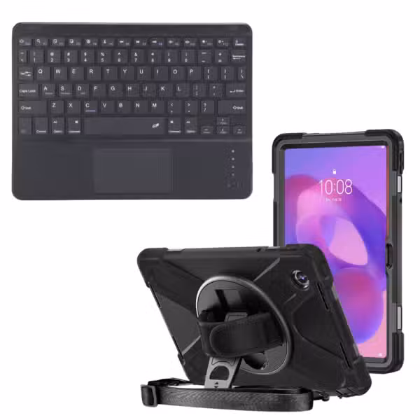 Kit completo Lenovo Tab K11 con estuche Anti-Shock 360° y teclado Bluetooth con touchpad color Negro, sobre fondo blanco.