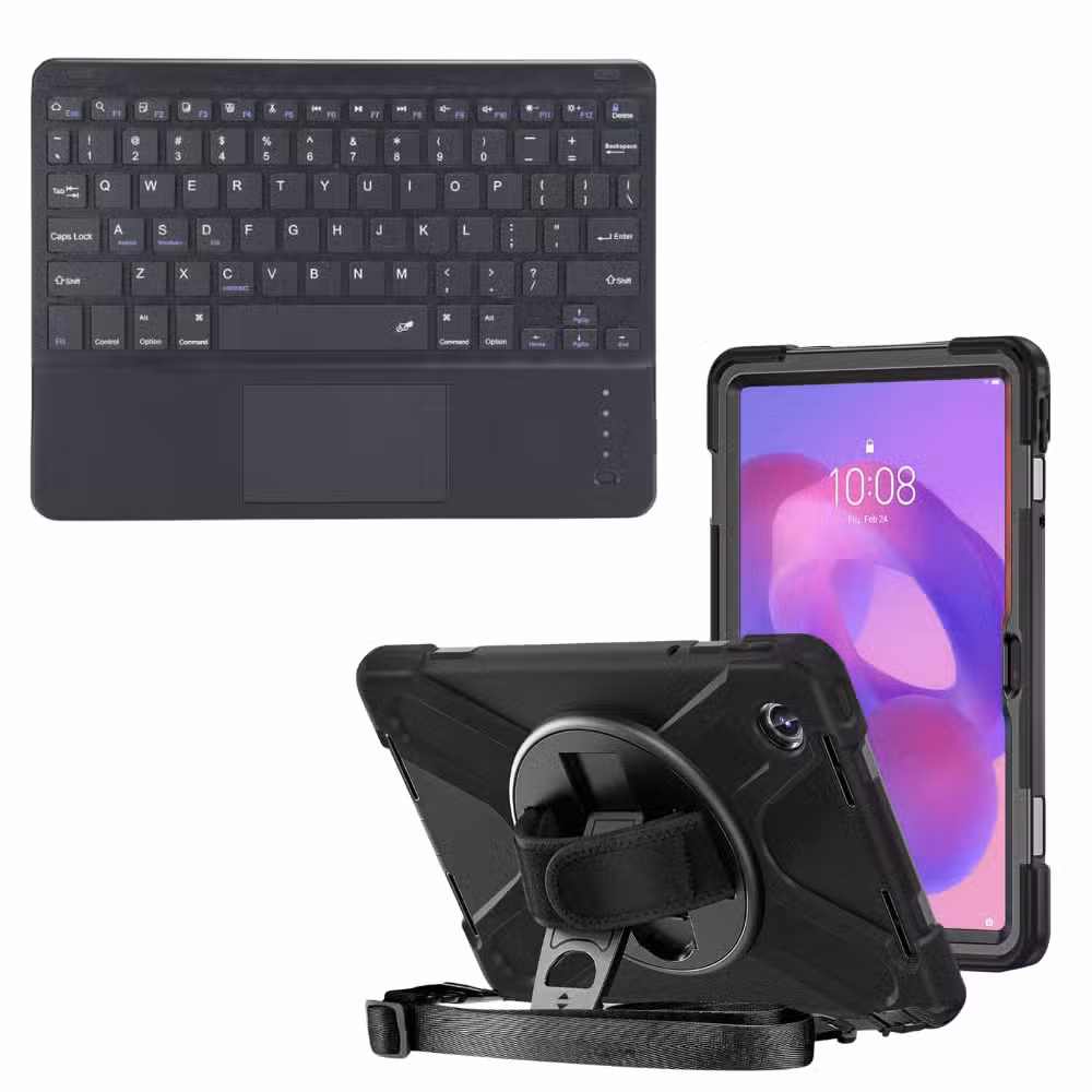 Kit completo Lenovo Tab K11 con estuche Anti-Shock 360° y teclado Bluetooth con touchpad color Negro, sobre fondo blanco.