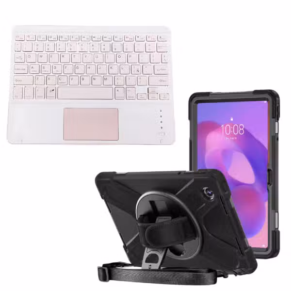Kit completo Lenovo Tab K11 con estuche Anti-Shock 360° y teclado Bluetooth con touchpad color Rosa, sobre fondo blanco.