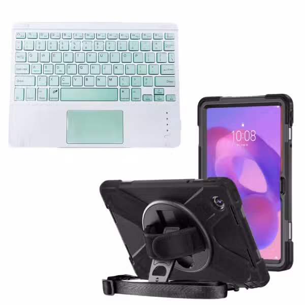 Kit completo Lenovo Tab K11 con estuche Anti-Shock 360° y teclado Bluetooth con touchpad color Verde, sobre fondo blanco.