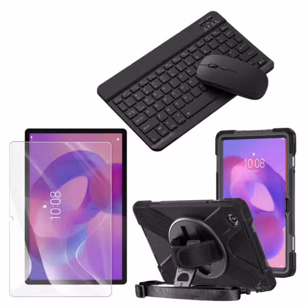 Kit completo Lenovo Tab K11 con estuche Anti-Shock 360°, vidrio 9H y teclado Bluetooth con mouse color Negro, sobre fondo blanco.