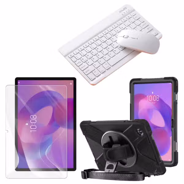 Kit completo Lenovo Tab K11 con estuche Anti-Shock 360°, vidrio 9H y teclado Bluetooth con mouse color Blanco, sobre fondo blanco.