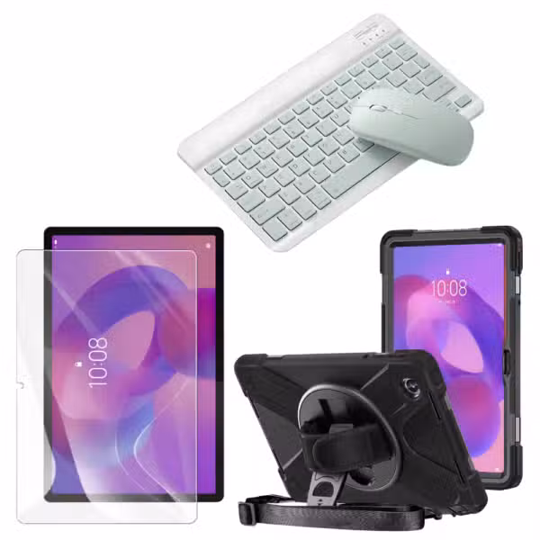 Kit completo Lenovo Tab K11 con estuche Anti-Shock 360°, vidrio 9H y teclado Bluetooth con mouse color Verde, sobre fondo blanco.