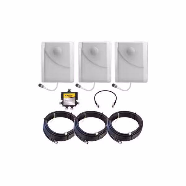 Kit Wilson de expansión de triple antena 309908-50N con tres paneles interiores, divisor de cuatro vías y cableado, sobre fondo blanco.