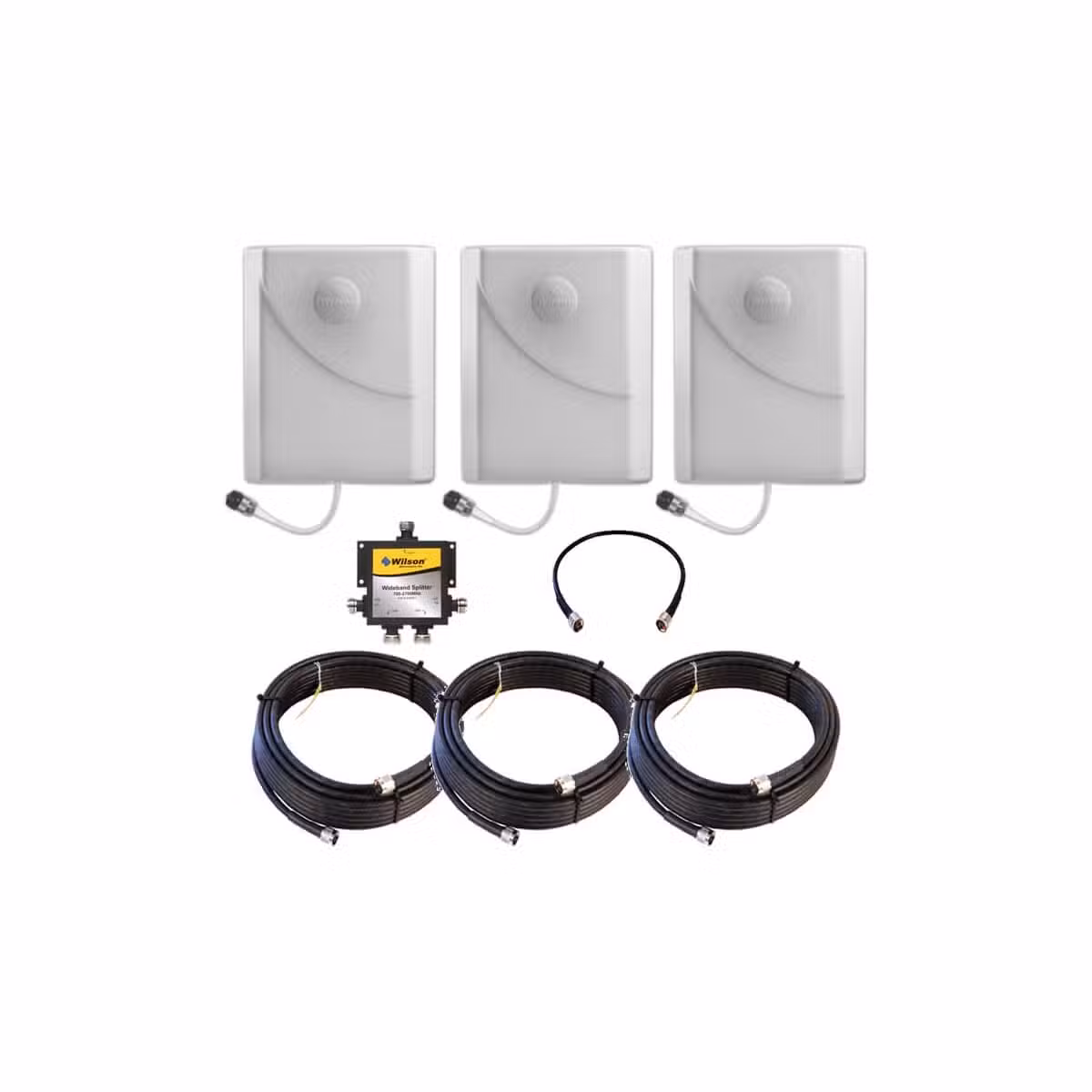 Kit Wilson de expansión de triple antena 309908-50N con tres paneles interiores, divisor de cuatro vías y cableado, sobre fondo blanco.