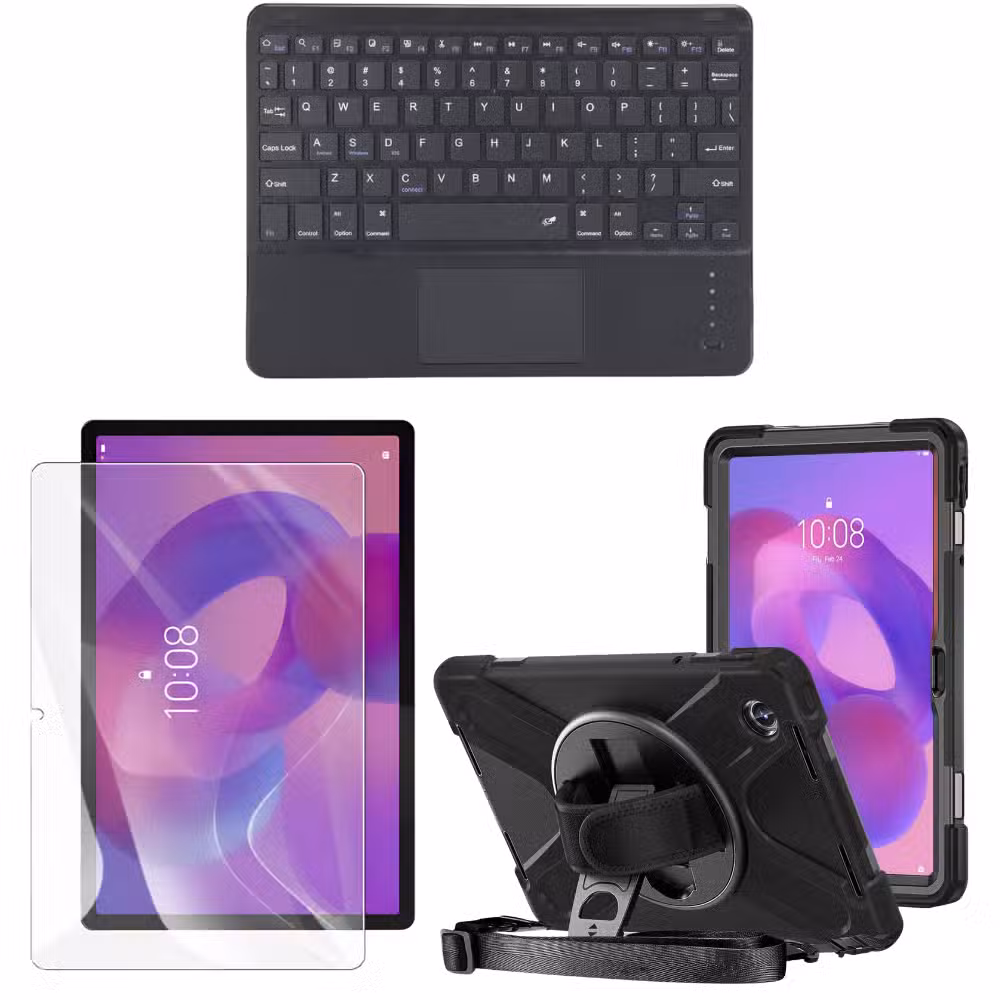 Kit completo Lenovo Tab K11 con estuche Anti-Shock 360°, vidrio 9H y teclado Bluetooth con touchpad color Negro, sobre fondo blanco.