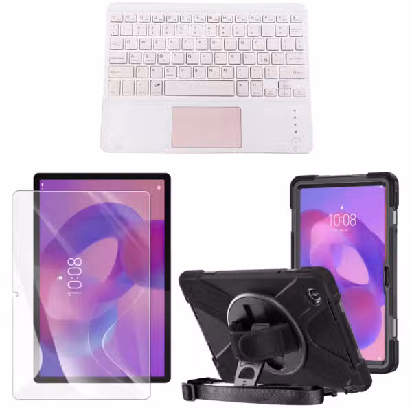 Kit completo Lenovo Tab K11 con estuche Anti-Shock 360°, vidrio 9H y teclado Bluetooth con touchpad color Rosa, sobre fondo blanco.