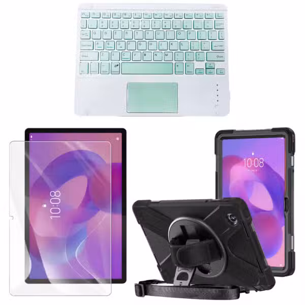 Kit completo Lenovo Tab K11 con estuche Anti-Shock 360°, vidrio 9H y teclado Bluetooth con touchpad color Verde, sobre fondo blanco.