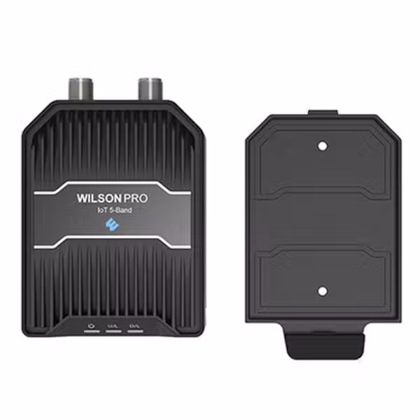 Amplificador WilsonPro IoT 3.0 460079 y soporte de pared, vistas frontal y posterior sobre fondo blanco.