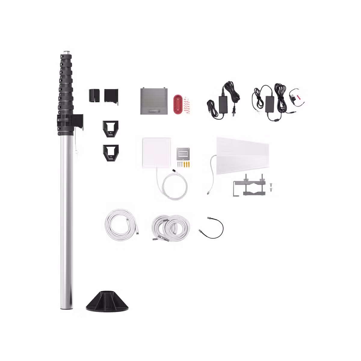 Kit weBoost Destination RV 470159 con amplificador, antenas, mástil telescópico, cables y soportes sobre fondo blanco
