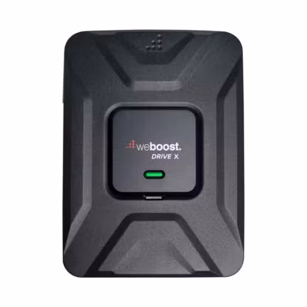 Amplificador celular weBoost Drive X RV incluido en el kit 471410, vista frontal sobre fondo blanco.