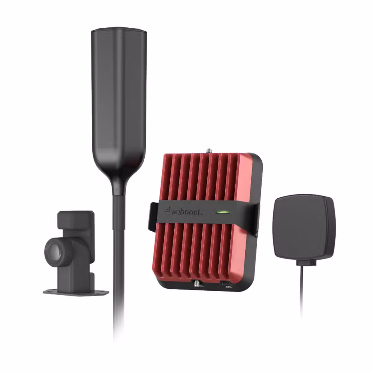 Kit weBoost Drive Reach RV II 474061 con antena exterior, amplificador rojo y antena interior sobre fondo blanco