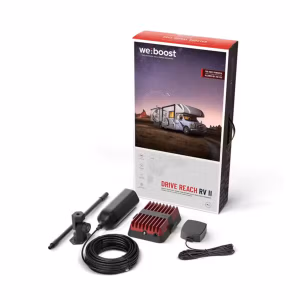 Kit weBoost Drive Reach RV II 474061 con empaque y componentes organizados sobre fondo blanco