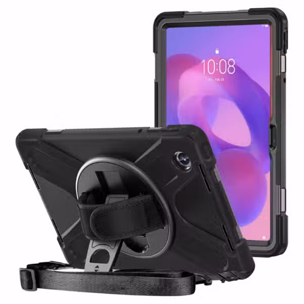 Estuche Anti-Shock negro para Lenovo Tab K11 con correa y soporte 360°, vista limpia del producto.
