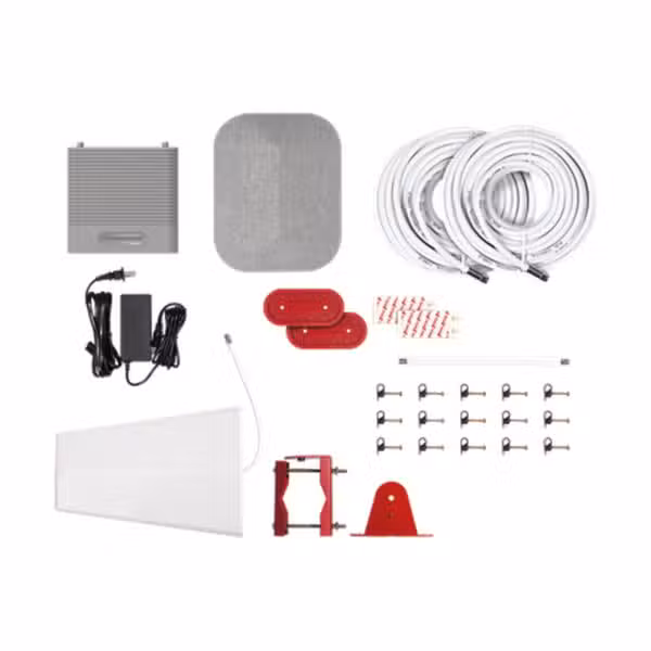 Kit weBoost Home MultiRoom 530144 con amplificador, antenas y accesorios sobre fondo blanco