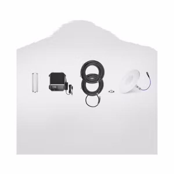 Kit weBoost Office 200 531047 completo sobre fondo blanco, con amplificador, antena exterior, antena interior, cables y accesorios.