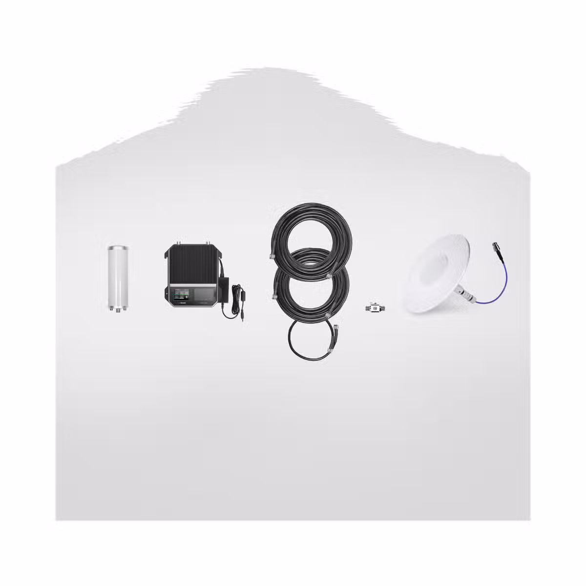 Kit weBoost Office 200 531047 completo sobre fondo blanco, con amplificador, antena exterior, antena interior, cables y accesorios.