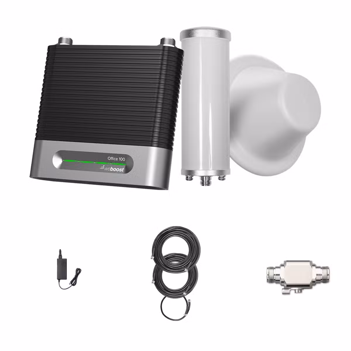 Kit weBoost Office 100 531060 completo sobre fondo blanco: el amplificador es el componente principal; incluye antenas, cables Wilson400, fuente y protector.