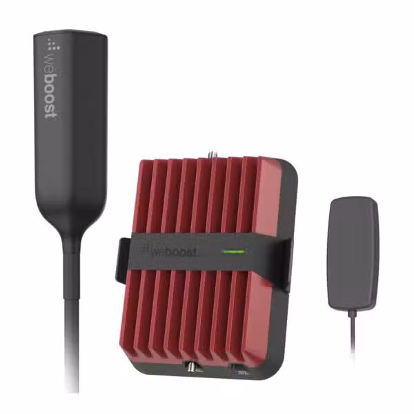 Kit weBoost Drive Reach OTR 532154 con amplificador y antenas, presentación sobre fondo blanco